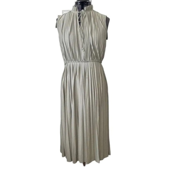 [S]H&M Dusty Green Sleeveless Pleated Dress Drawstring - Picture 1 of 9